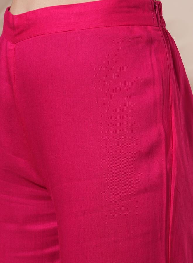 globus Women Pink Embroidered A-Line Kurta with Pant Set - Image 4